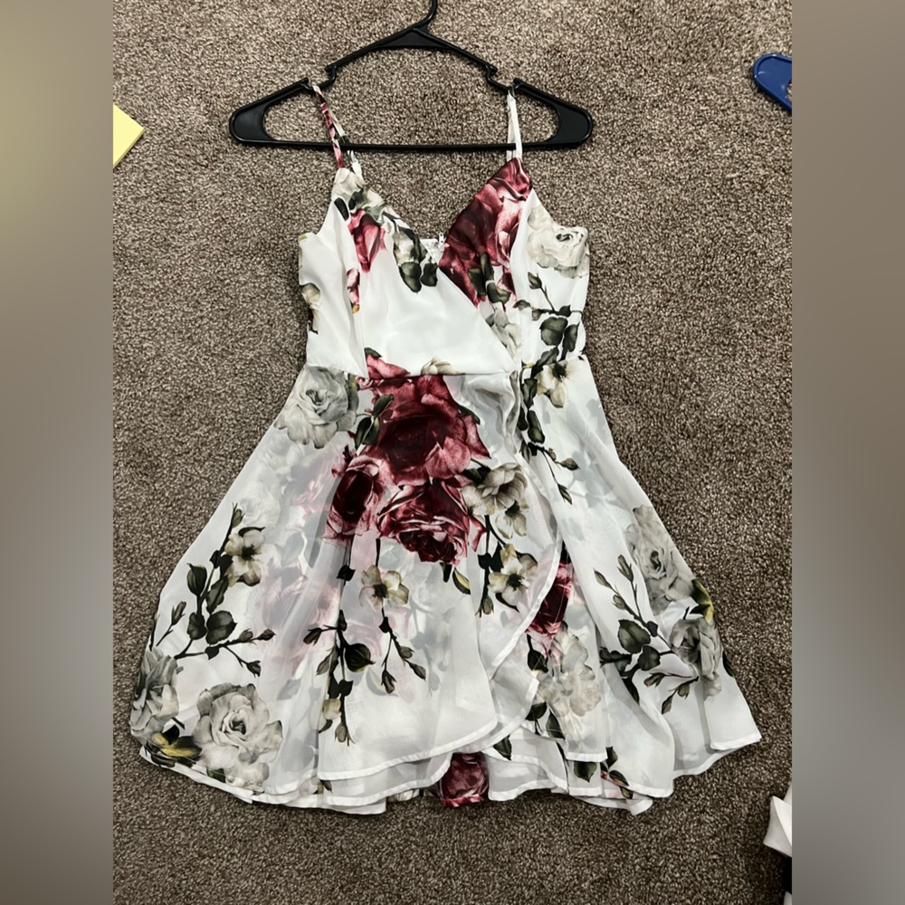 white chiffon-like material dress with roses/floral. homecoming, prom, wedding